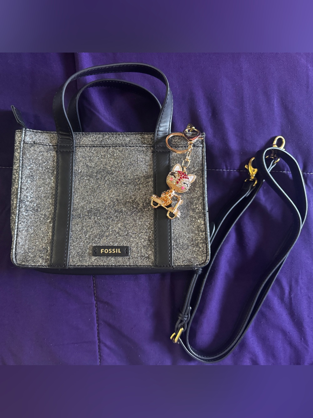 Fossil Maisie Mini Satchel In Metallic Silver with Black Trim NWOT